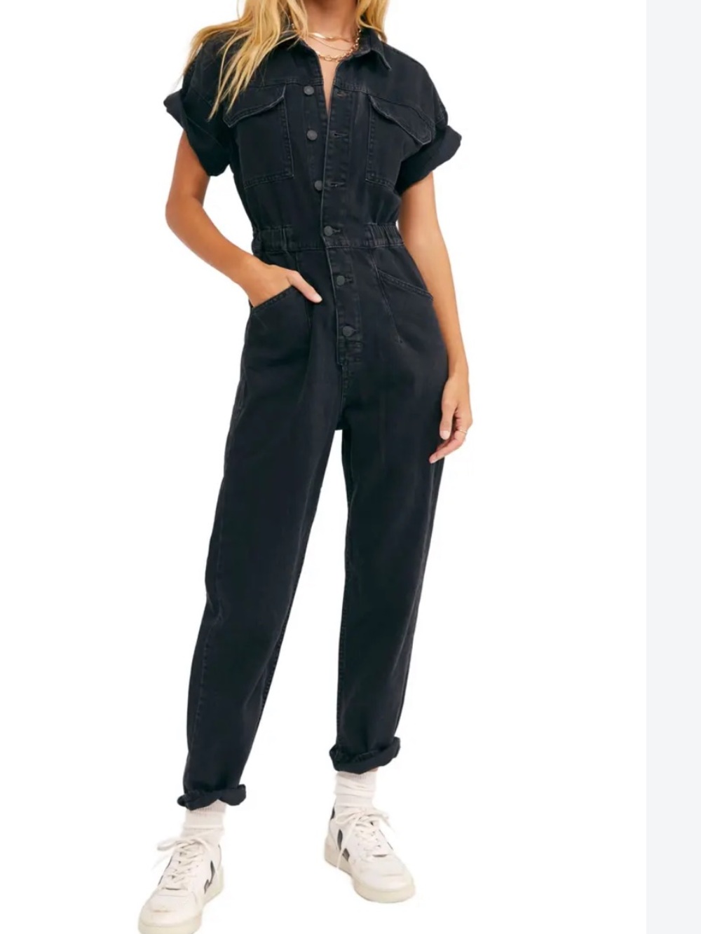 free people We The Free marci denim Washed Black Denim Overalls Jumpsuit m